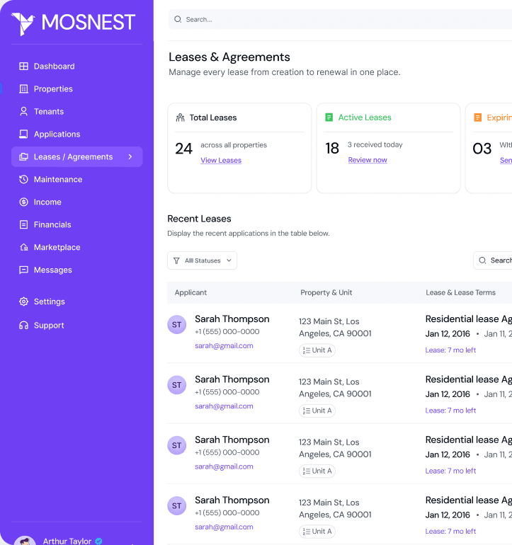 Mosnest leases and agreements dashboard